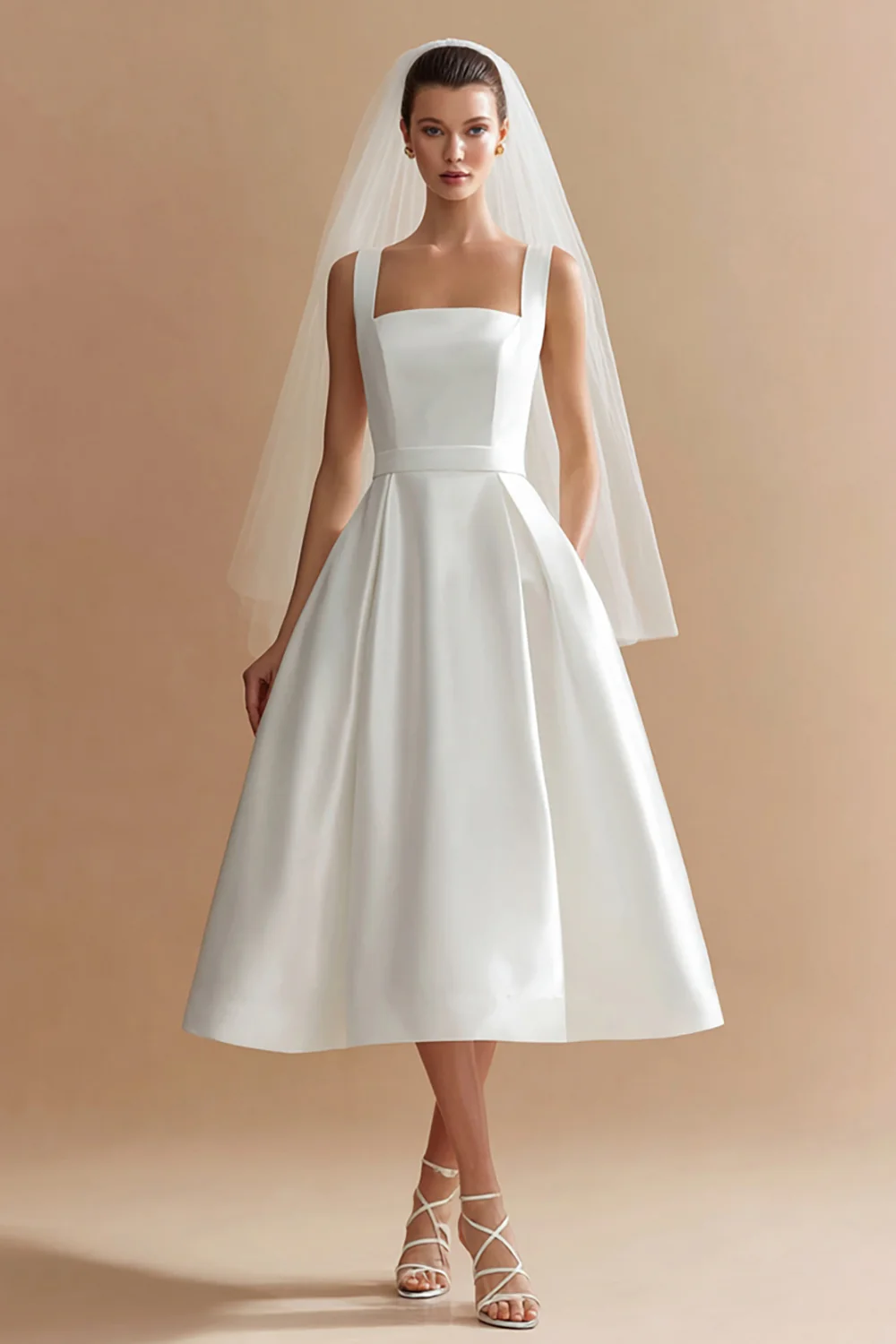 White Thick Straps Satin A Line Midi Wedding Dress - VNBITS