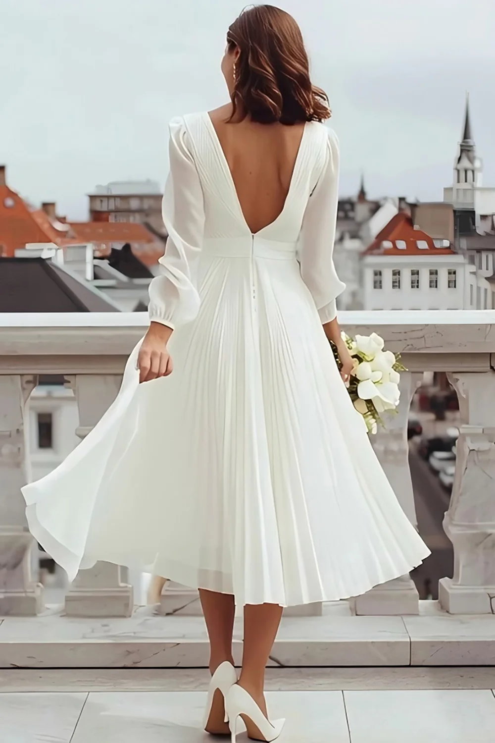 Ivory A Line V-Neck Midi Engagement Dress with Slit - VNBITS