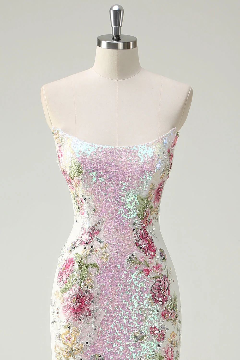 Sparkly White Floral Strapless Mermaid Long Prom Dress - VNBITS