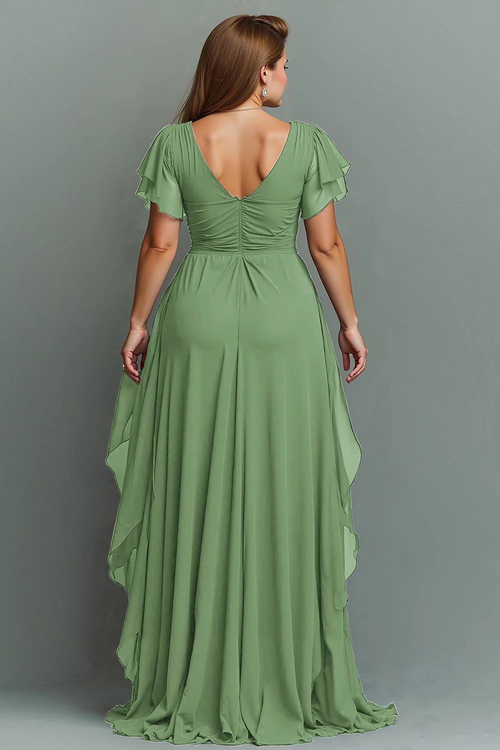 Navy Chiffon V-Neck Ruched Long  with Ruffles - VNBITS