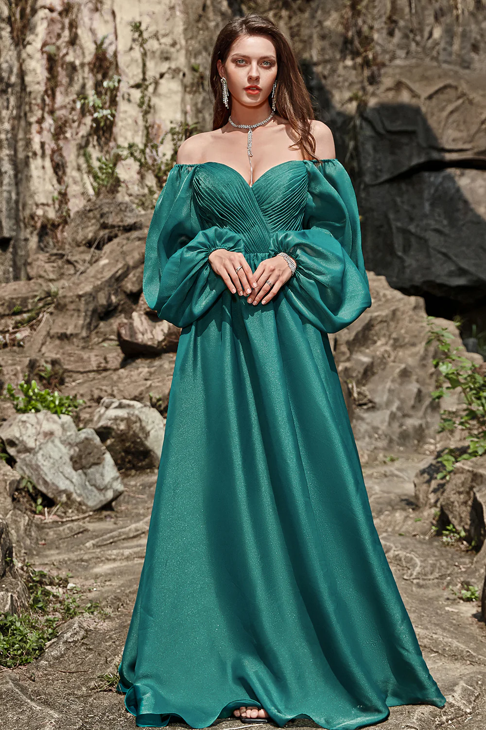 Off Shoulder Long Sleeves Prom Dress with Ruffles - VNBITS