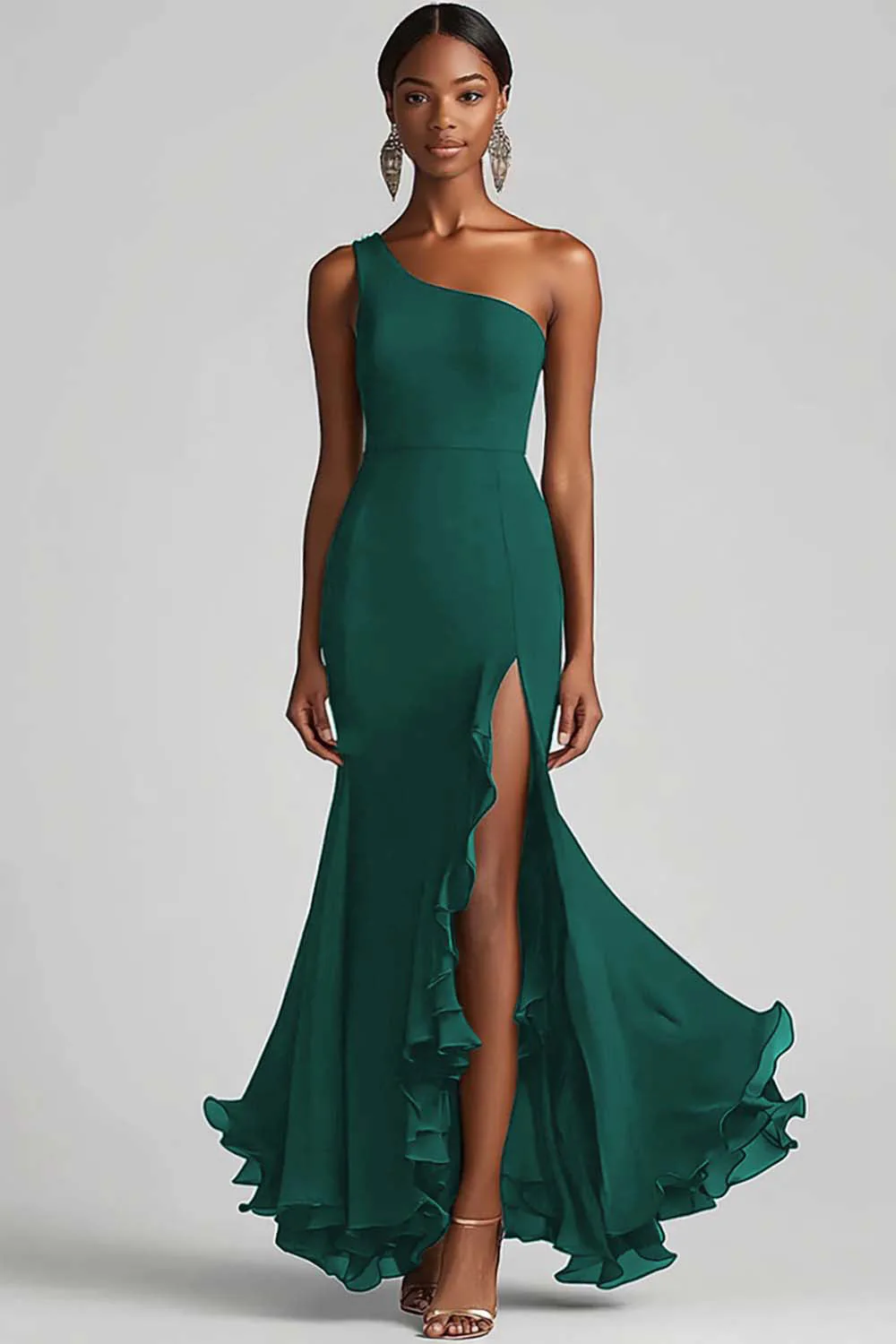 Ink Blue Mermaid Ruffled Chiffon One Shoulder Long Formal Dress with Slit - VNBITS