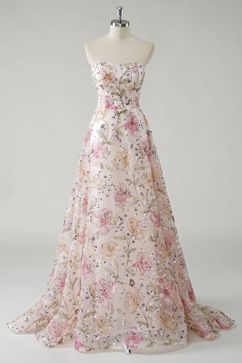 Sparkly Pink Floral A Line Strapless Long Prom Dress - VNBITS