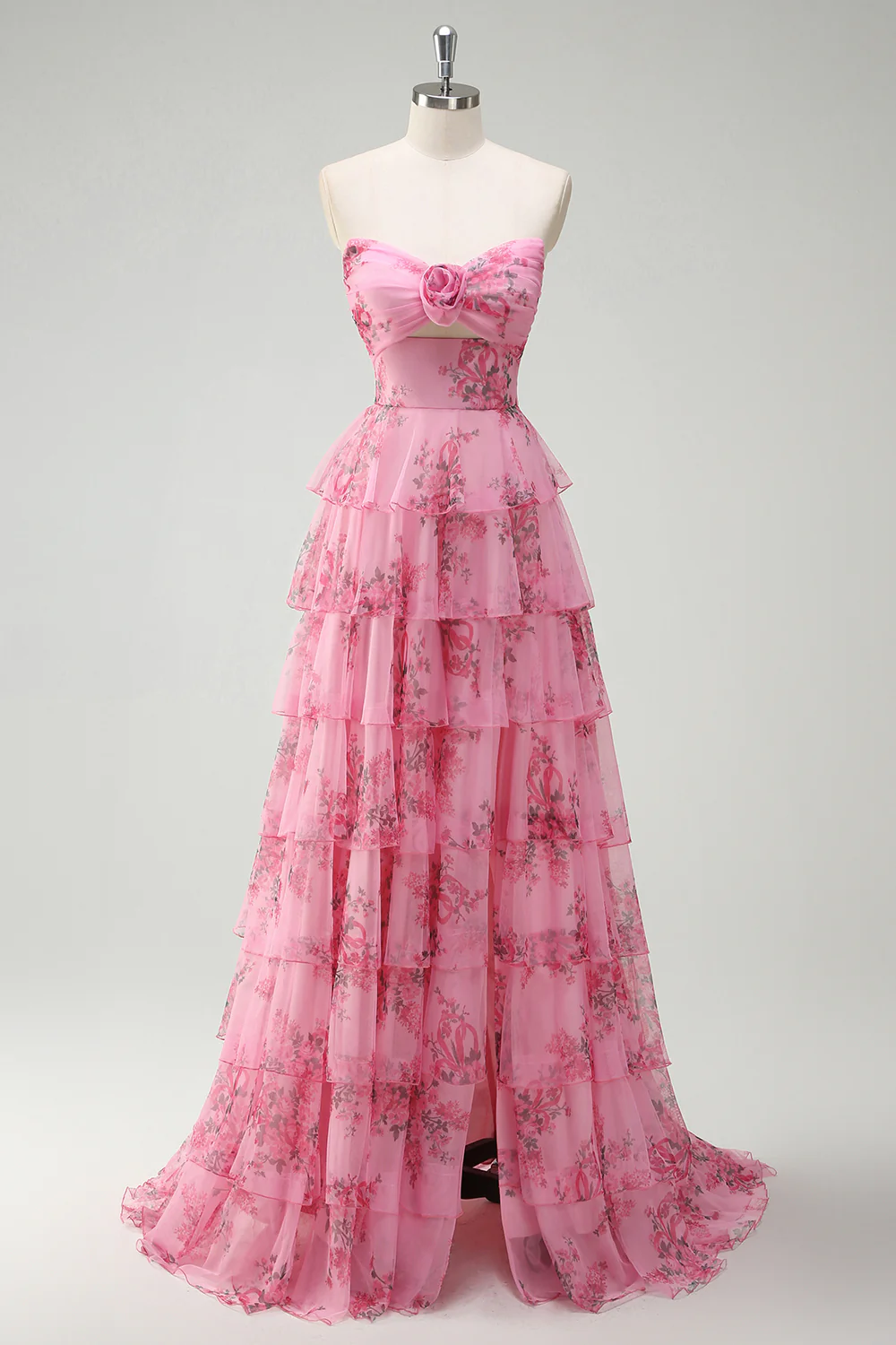 Blush Floral Chiffon A Line Prom Dress with Slit - VNBITS