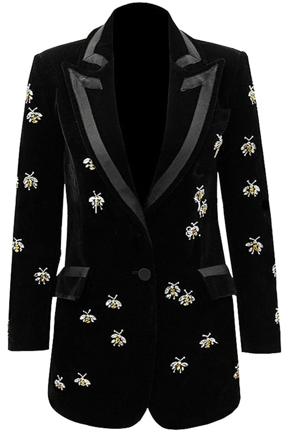 Peak Lapel Black Long Sleeves One Button Women Blazer - VNBITS