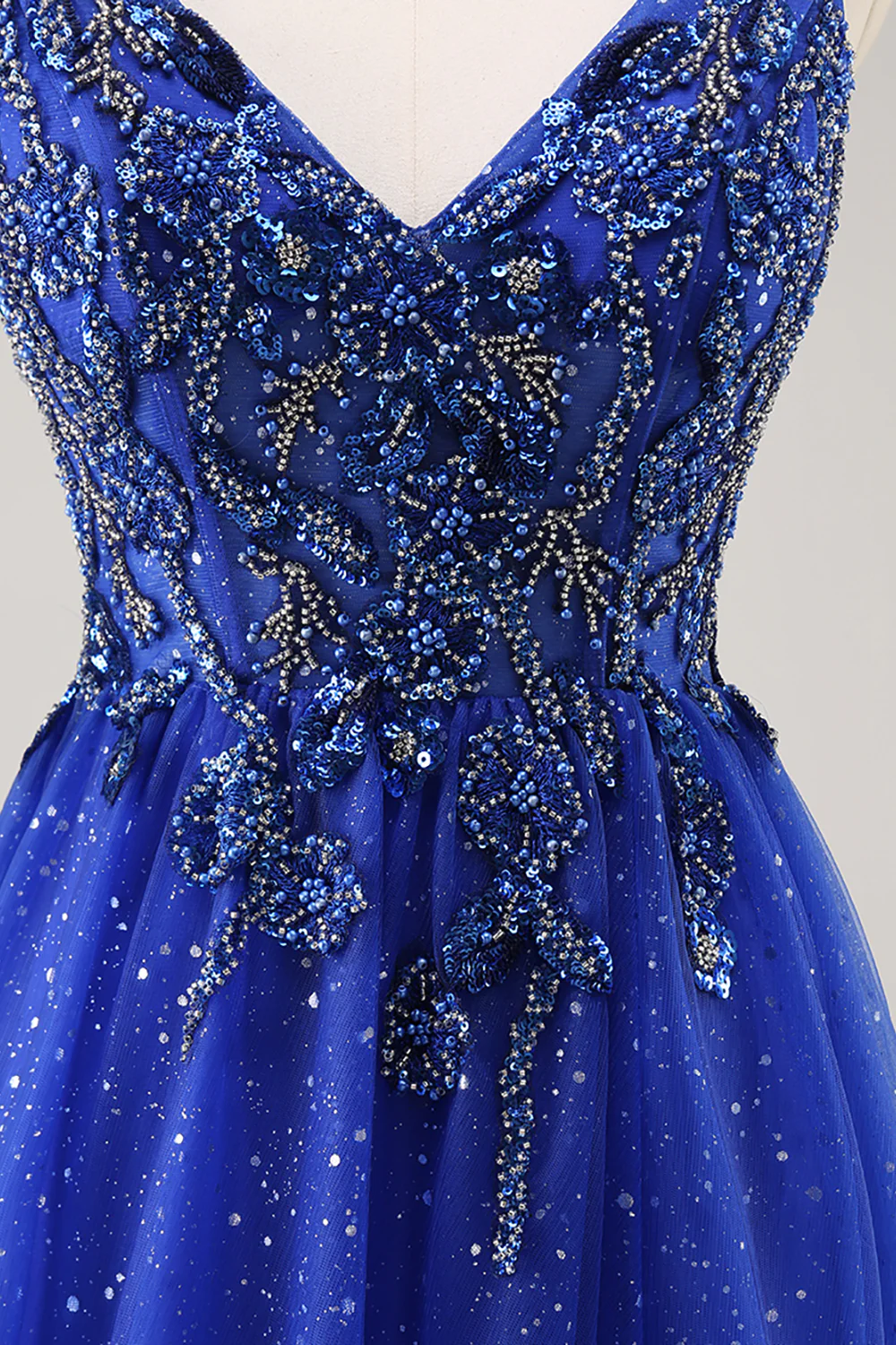 Sparkly Royal Blue Beaded Corset V-Neck Long Prom Dress with Slit - VNBITS