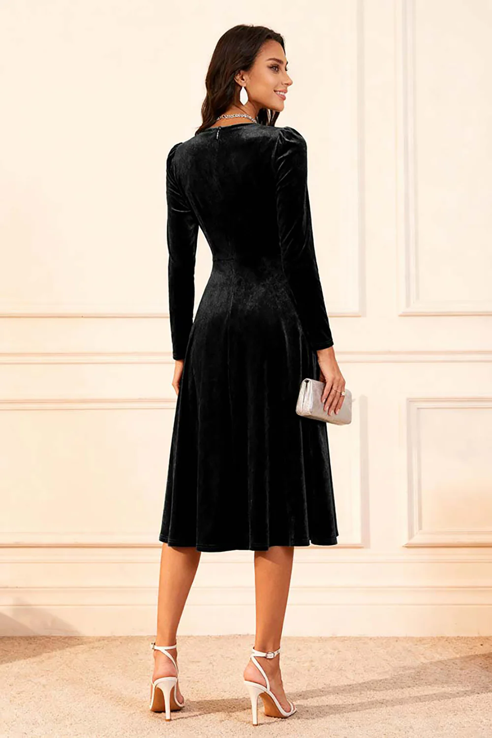 Dark Green A Line Velvet Midi Glitter Holiday Party Dress with Sleeves - VNBITS