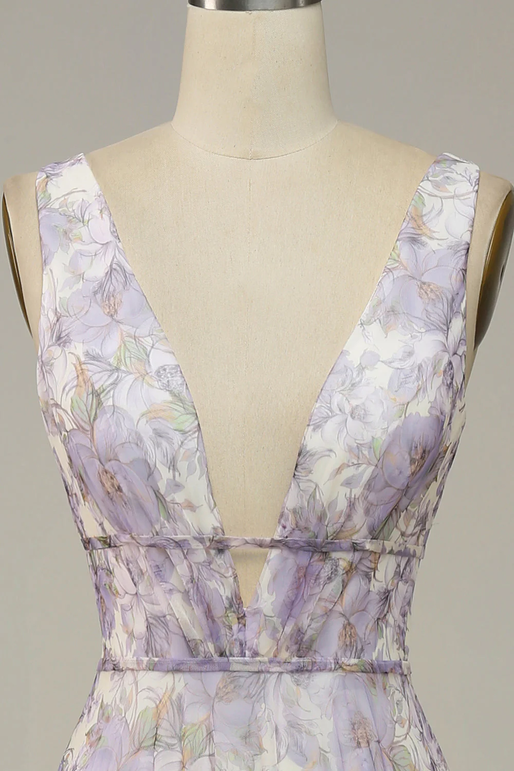 Iovry Purple Printed V-Neck Prom Dress With Slit - VNBITS