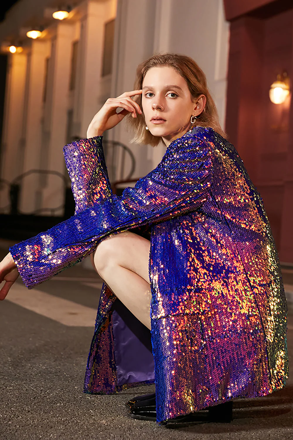Sparkly Purple Sequins Oversized Longline Prom Blazer For Women - VNBITS