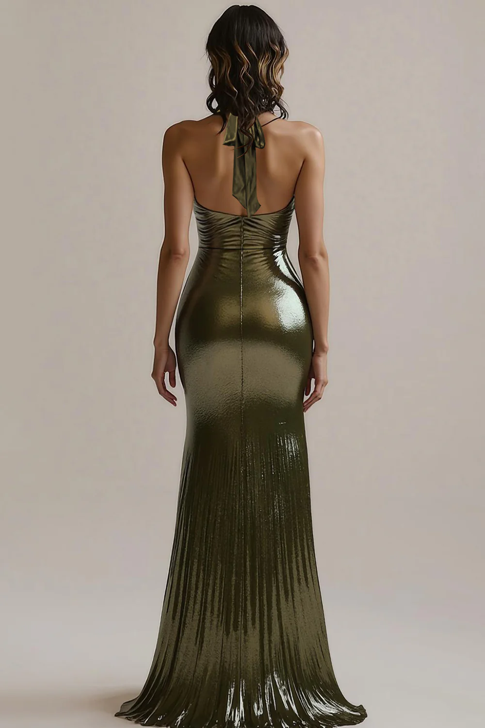 Olive Metallic Mermaid Long Ruched Evening Dress with Slit - VNBITS