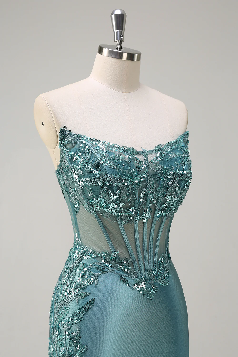 Grey Green Satin Mermaid Applique Long Prom Dress with Slit - VNBITS