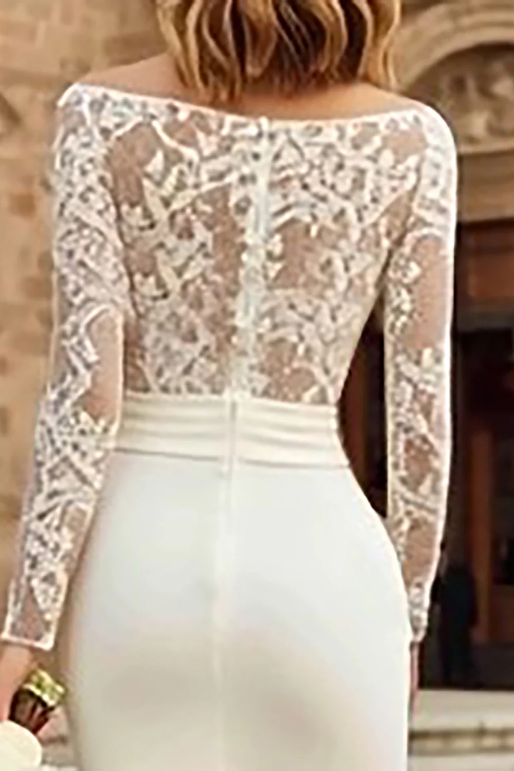 Ivory Bateau Neck Bodycon Midi Wedding Dress with Sleeves - VNBITS