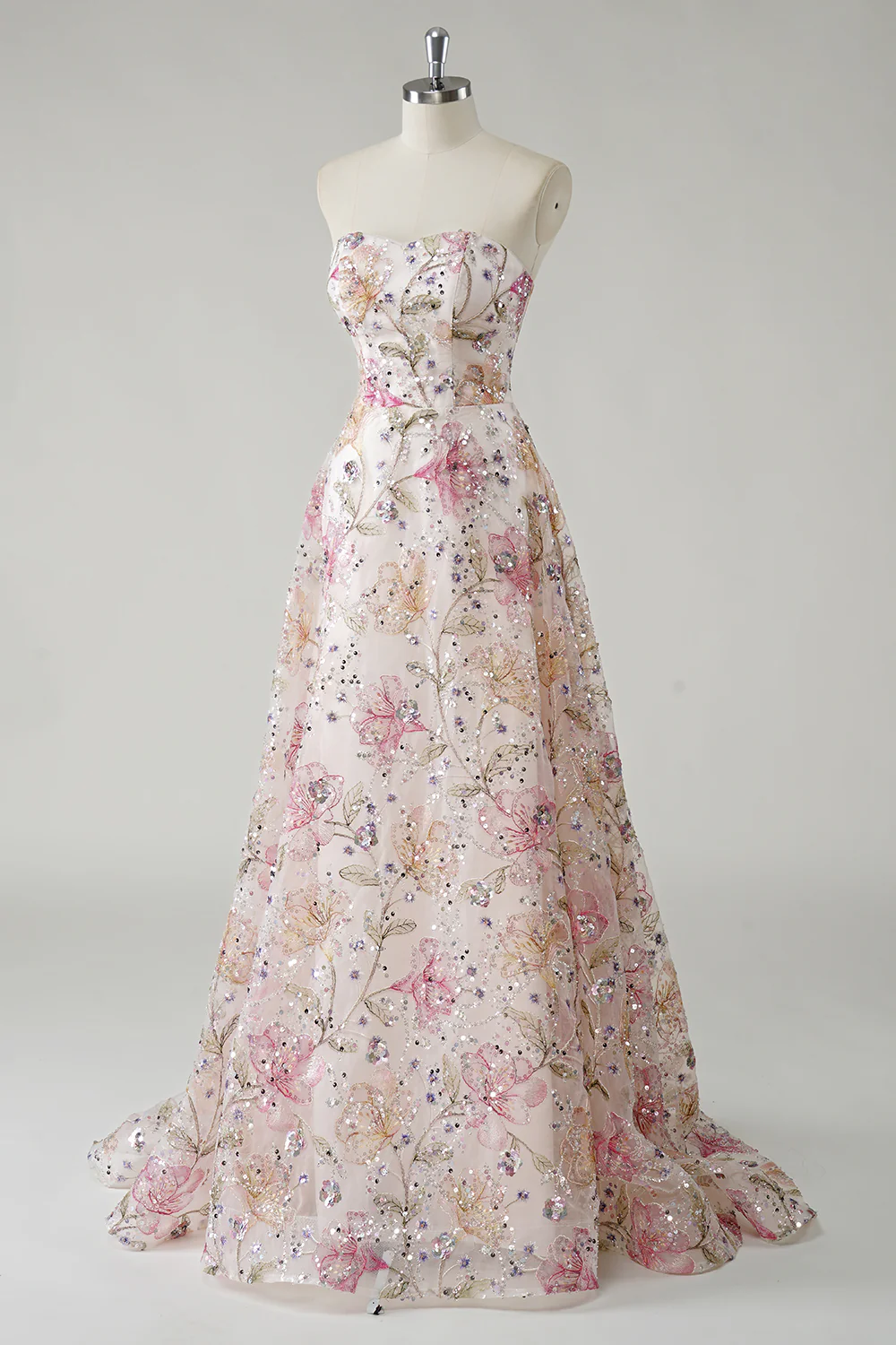 Sparkly Pink Floral A Line Strapless Long Prom Dress - VNBITS