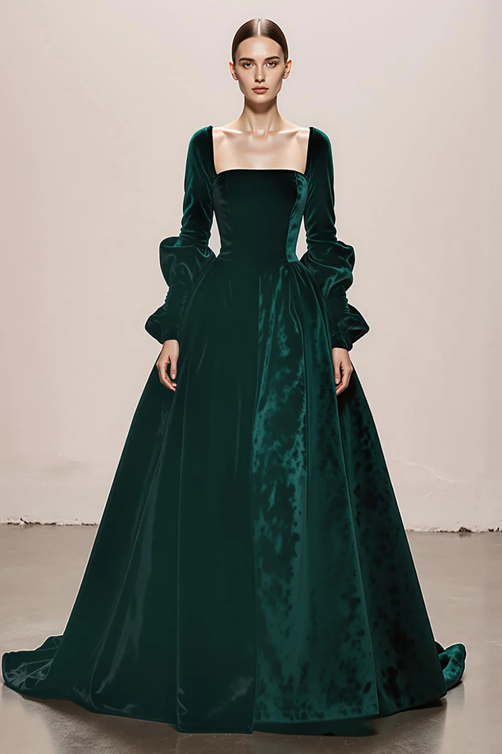 Dark Green Velvet Ball Gown Square Neck Long Holiday Party Dress - VNBITS