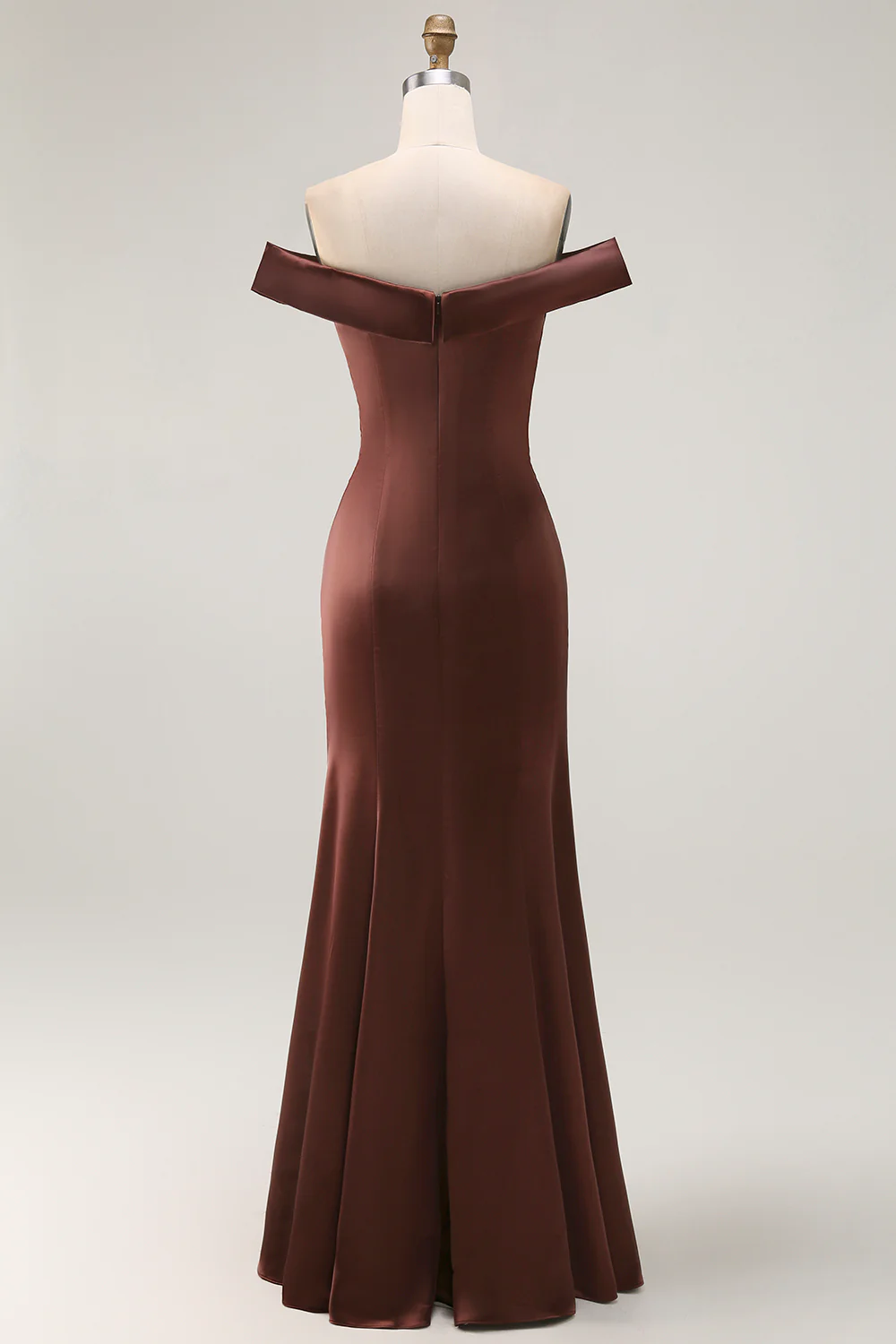 Brown Satin Off the Shoulder Long Mother of the Bride Dress with Ruched - VNBITS
