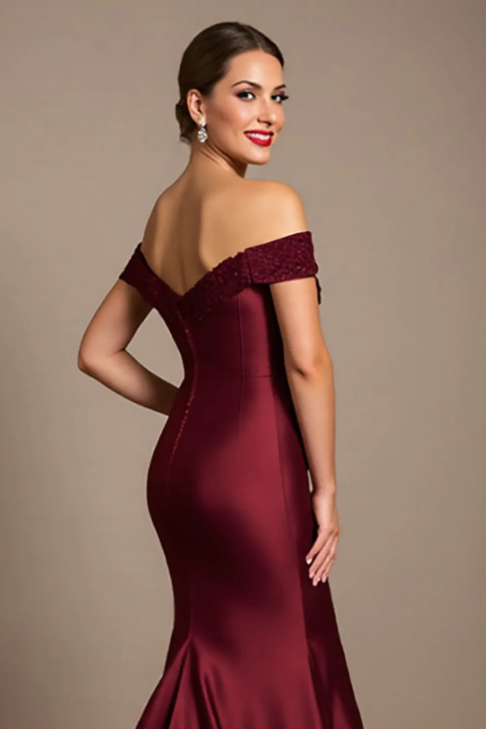 Burgundy Mermaid Long Satin Mother of the Bride Dress with Appliques - VNBITS