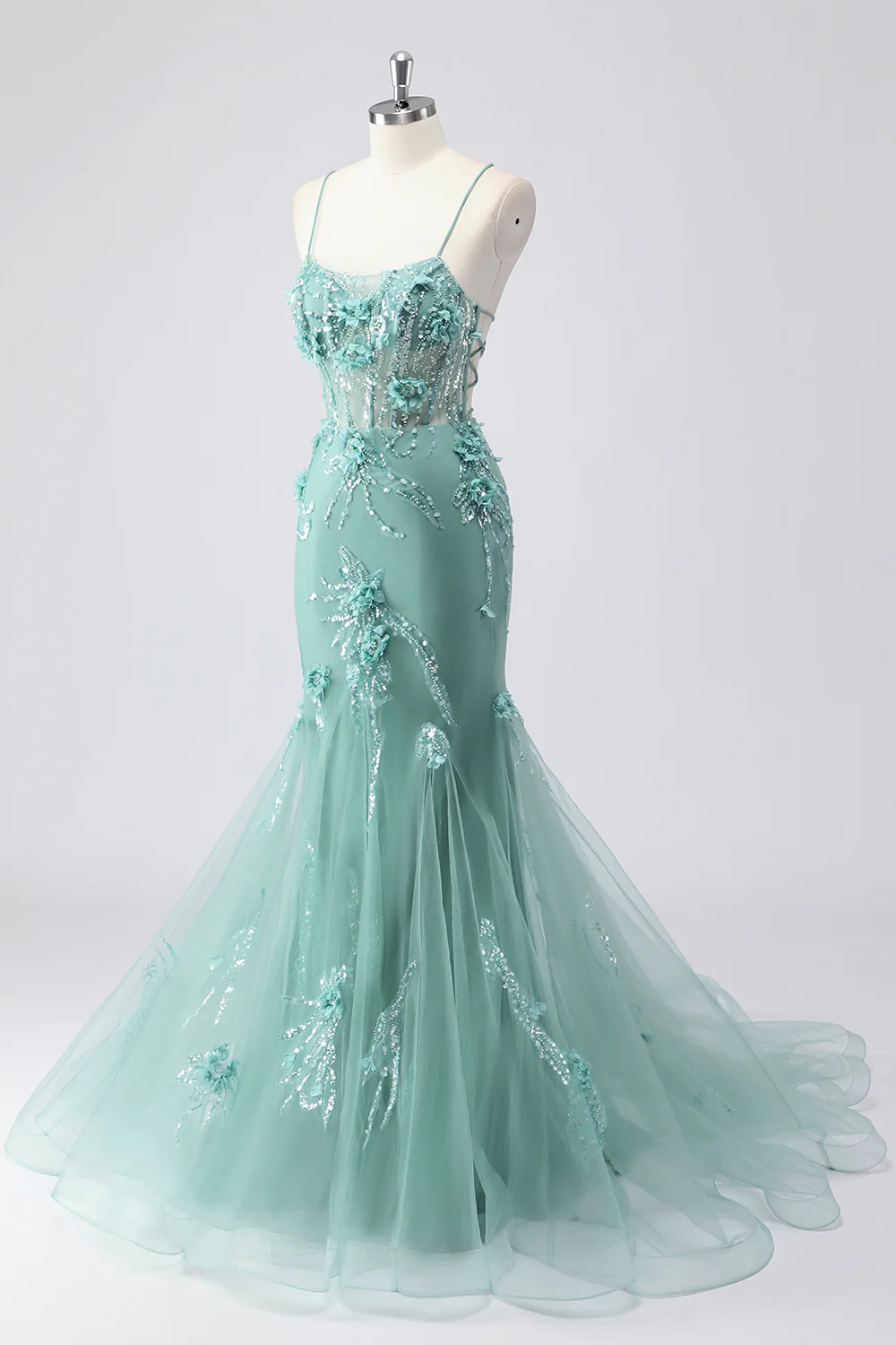 Sparkly Blue Mermaid Long Prom Dress with 3D Flowers - VNBITS