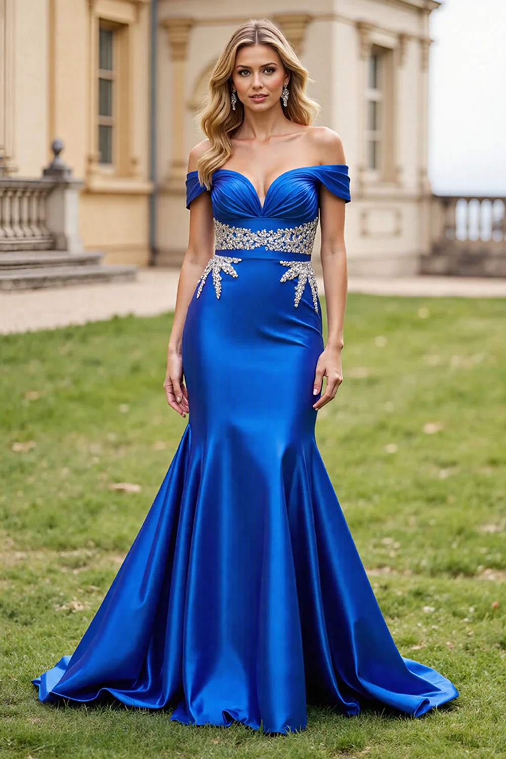 Sparkly Royal Blue Mermaid Satin Long Prom Dress with Beading - VNBITS