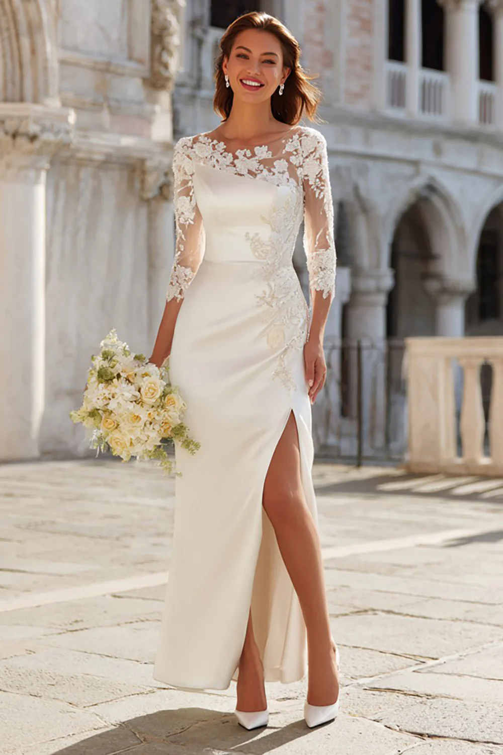 Ivory Sheath Appliqued Long Wedding Dress with Slit - VNBITS