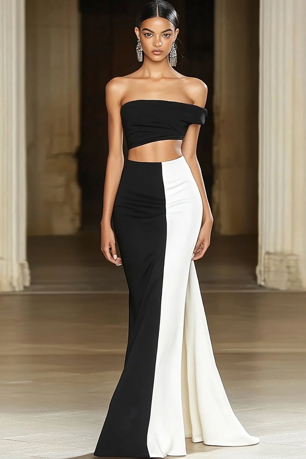 Black White Satin Mermaid Off the Shoulder Long Formal Dress - VNBITS