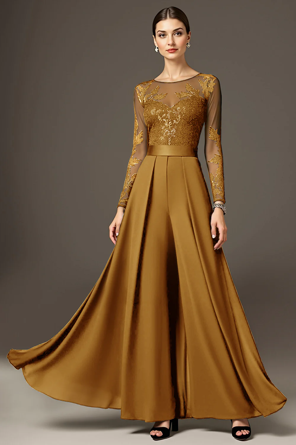Black A Line Chiffon Long Mother of the Bride Jumpsuits with Lace - VNBITS