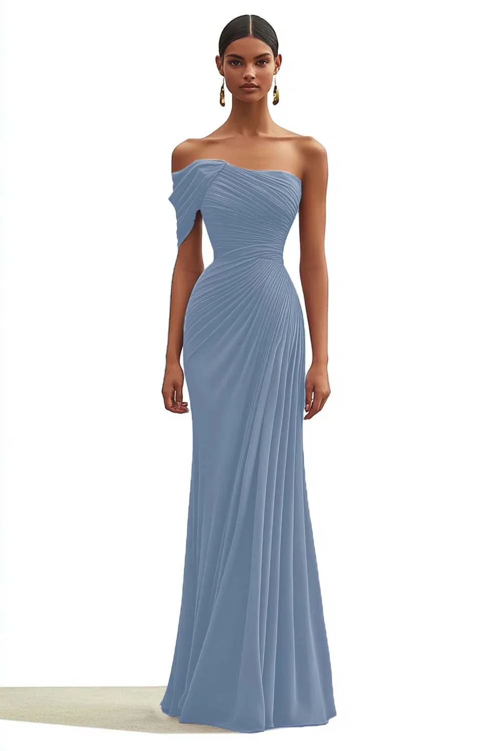 Mermaid Dark Green One Shoulder Pleated Long Formal Dress - VNBITS