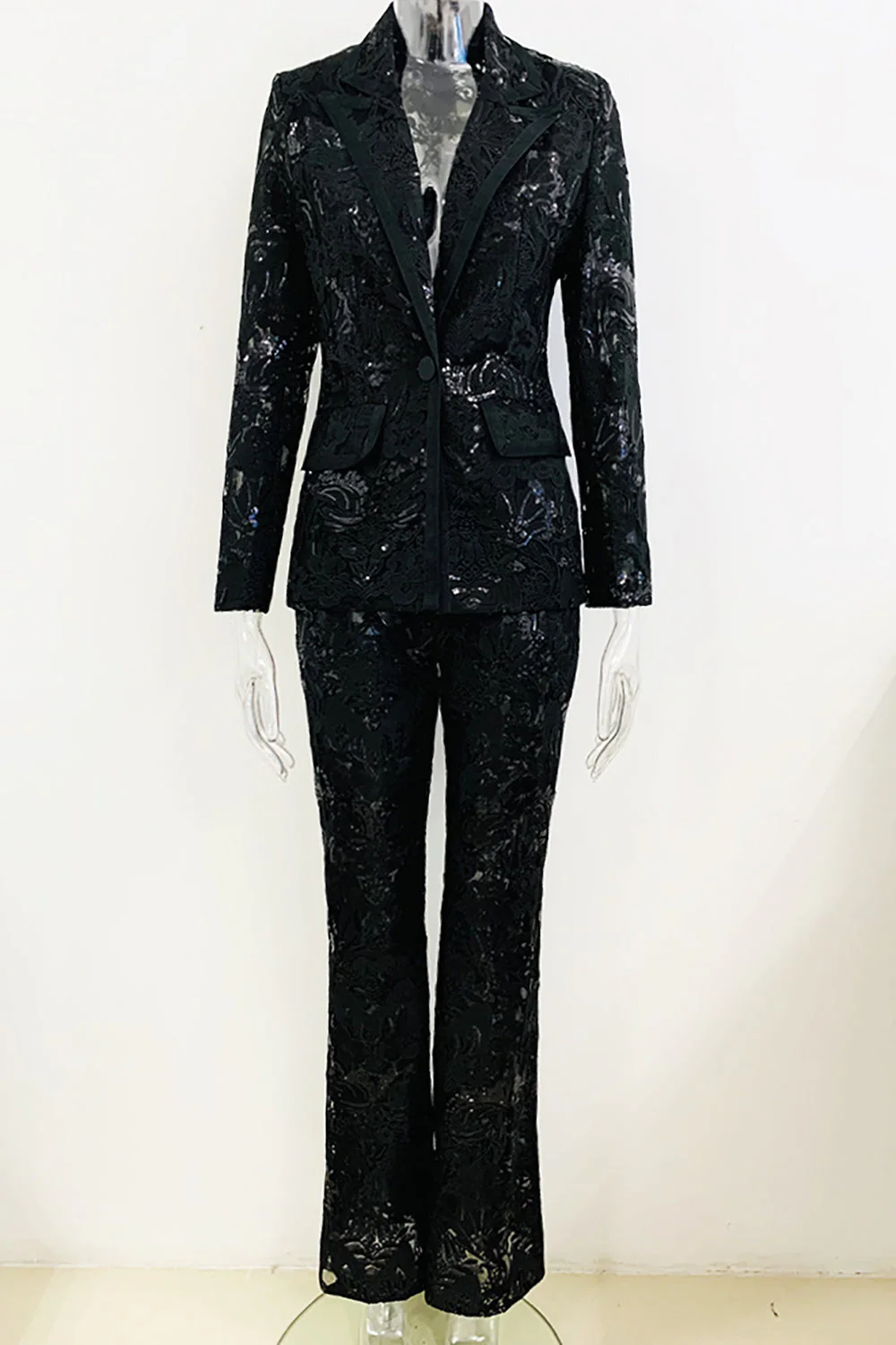 Sparkly Black Lace 2 Piece Women Party Suits - VNBITS