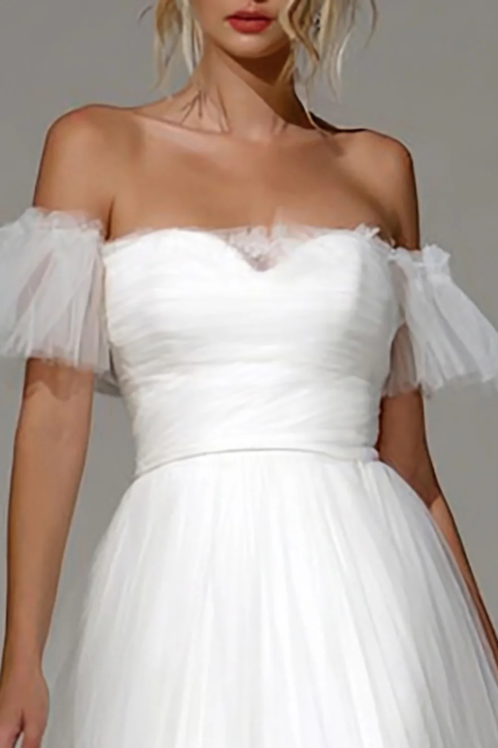 White Off the Shoulder Tulle A Line Midi Engagement Dress - VNBITS