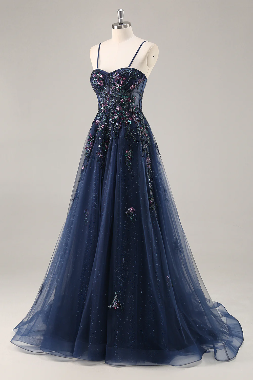 Sparkly Navy Corset Sweetheart Long Prom Dress with Appliques - VNBITS