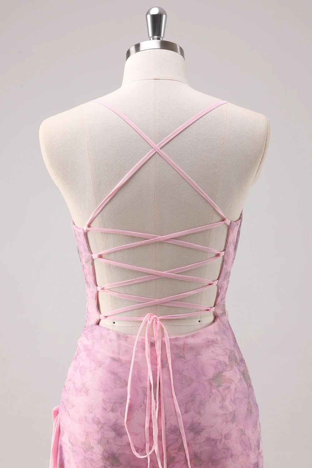 Pink Floral Spaghetti Straps Sheath Long Prom Dress - VNBITS