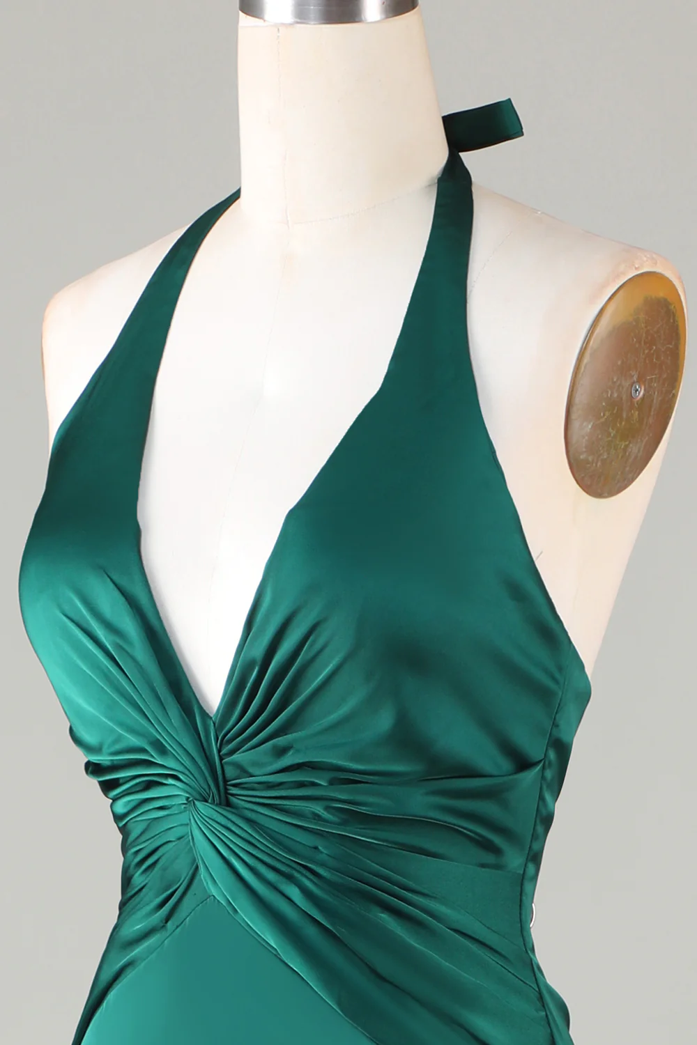 Mermaid Halter Dark Green Long Satin Bridesmaid Dress - VNBITS