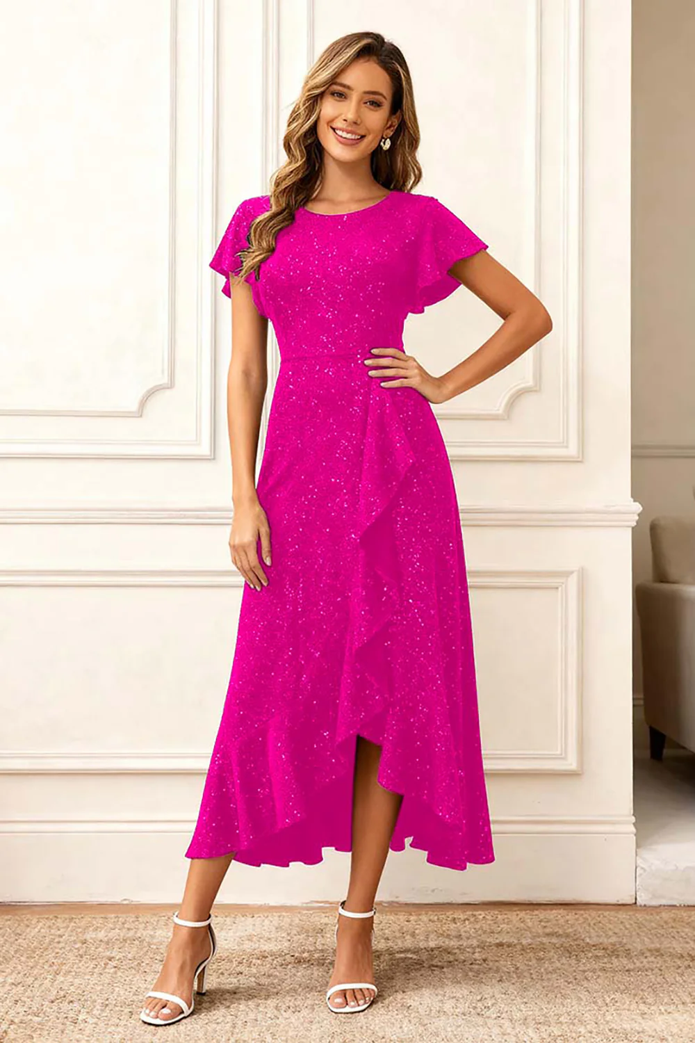 Black Round Neck Midi Glitter Holiday Party Dress with Sleeves - VNBITS