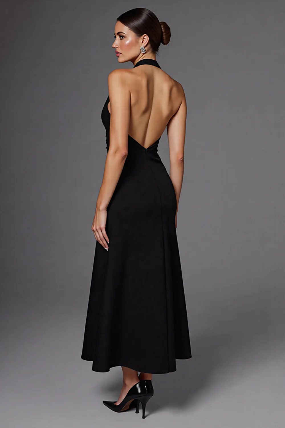 Satin A Line Halter Backless Long Black Tie Dress - VNBITS