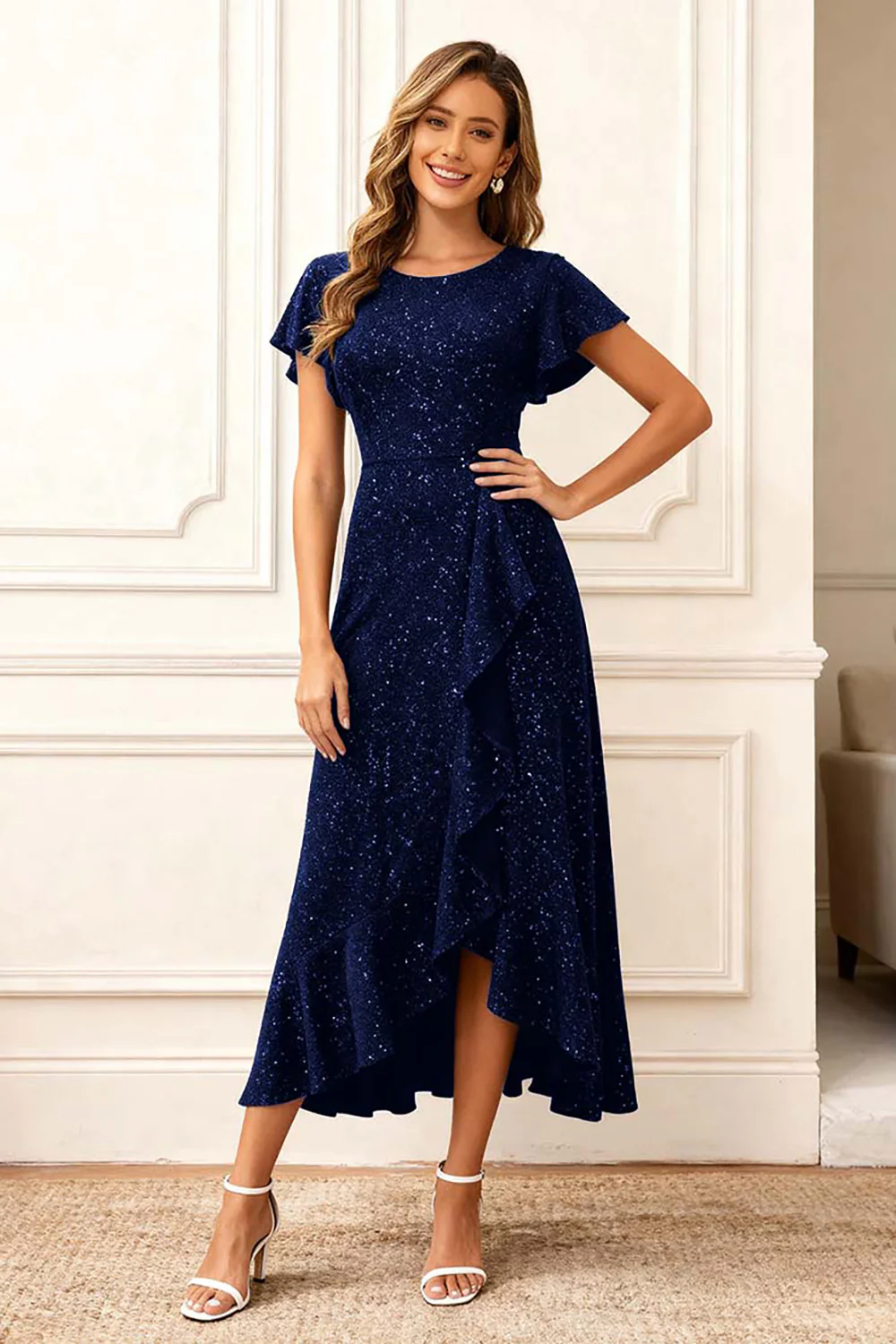 Black Round Neck Midi Glitter Holiday Party Dress with Sleeves - VNBITS