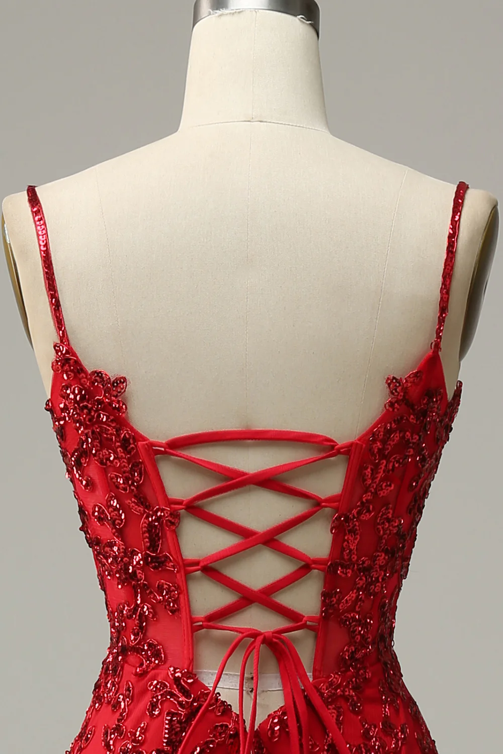 Red Spaghetti Straps Appliques Prom Dress with Slit - VNBITS