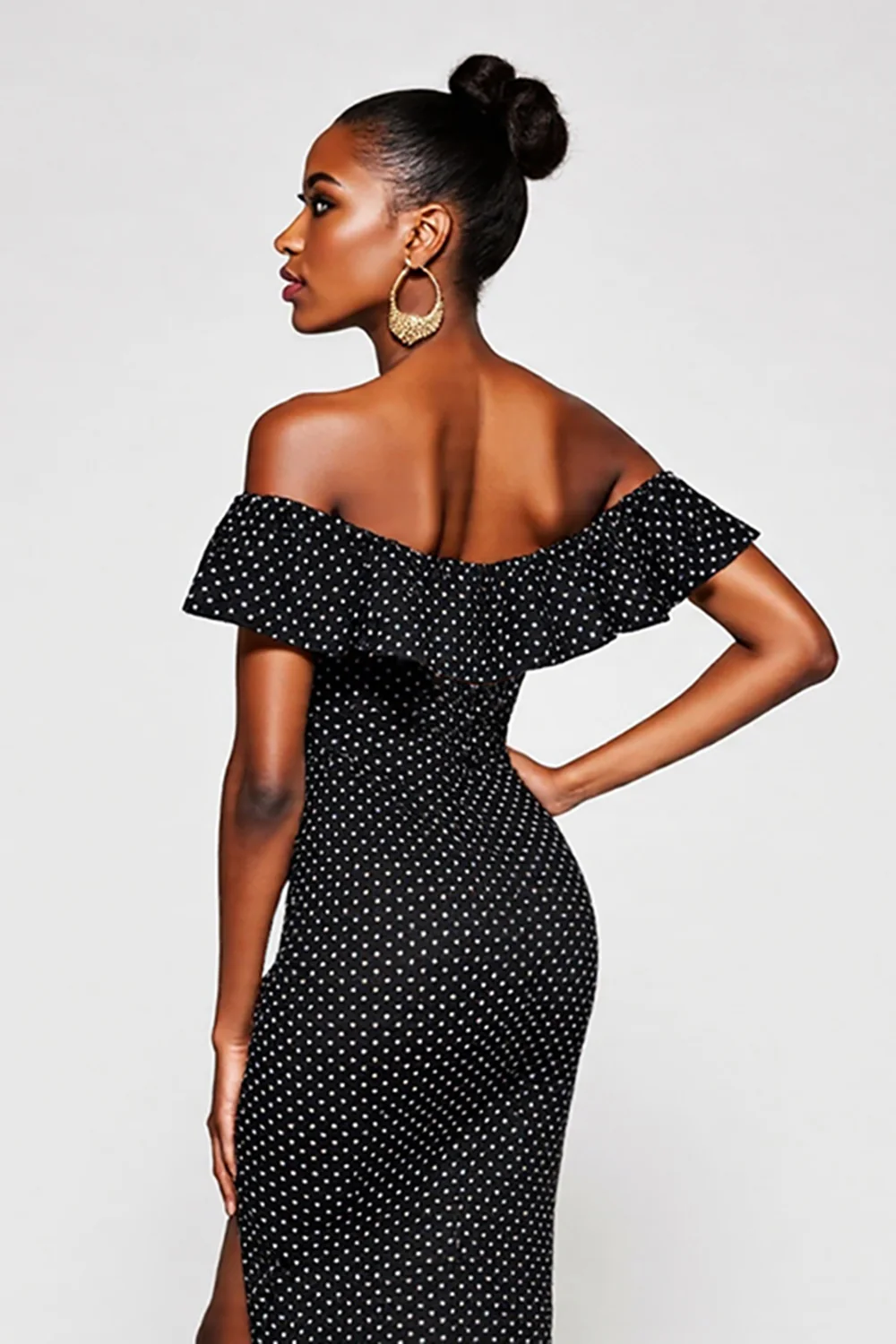Black and White Off the Shoulder Maxi Mermaid Polka Dot Dress with Slit - VNBITS