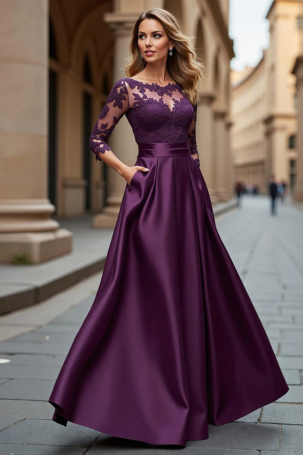 Grape Satin Illusion Boat Neck Long Mother of the Bride Dress with Lace - VNBITS