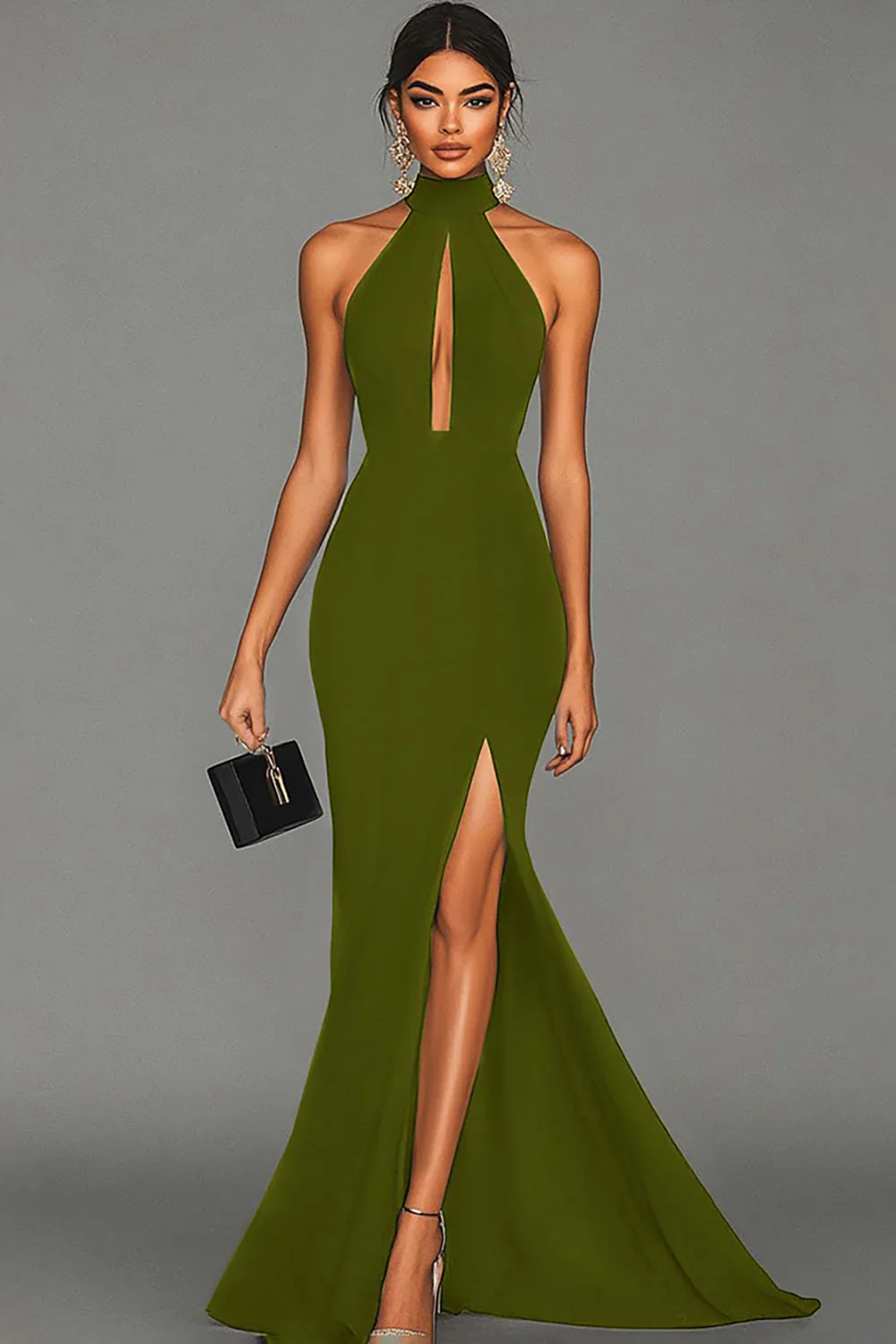 Black Mermaid Halter Neck Satin Long Formal Dress - VNBITS
