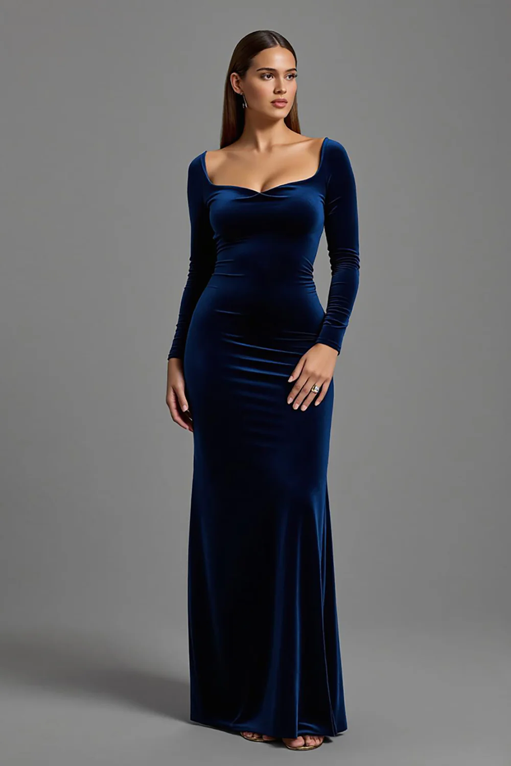 Simple Navy Velvet Long Sleeves Holiday Party Dress - VNBITS