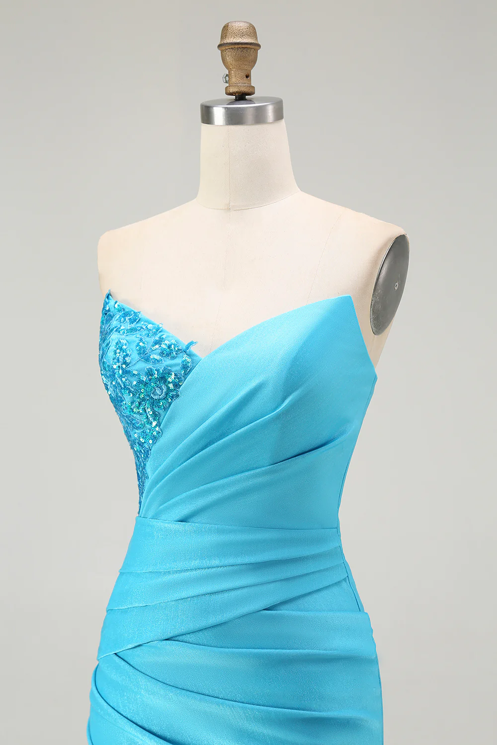 Sparkly Blue Satin Mermaid Ruched Long Prom Dress with Slit - VNBITS