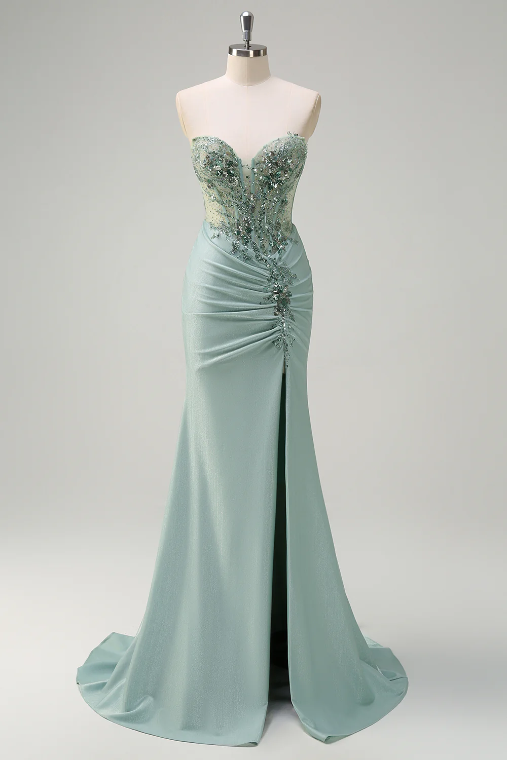 Grey Green Mermaid Sequined Sweetheart Long Prom Dress with Slit - VNBITS