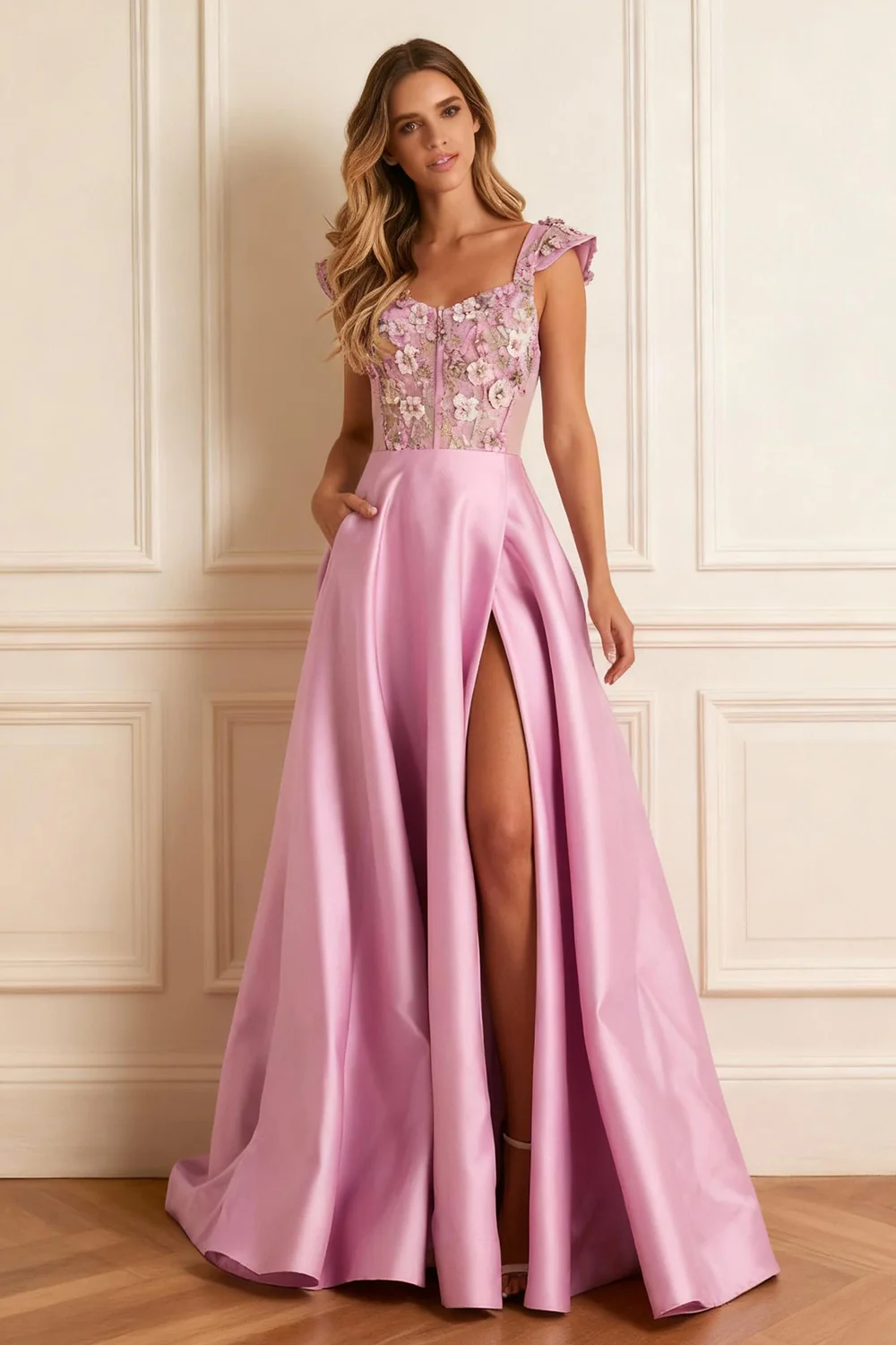 Floral Candy Pink Satin A Line Long Corset Prom Dress with Slit - VNBITS