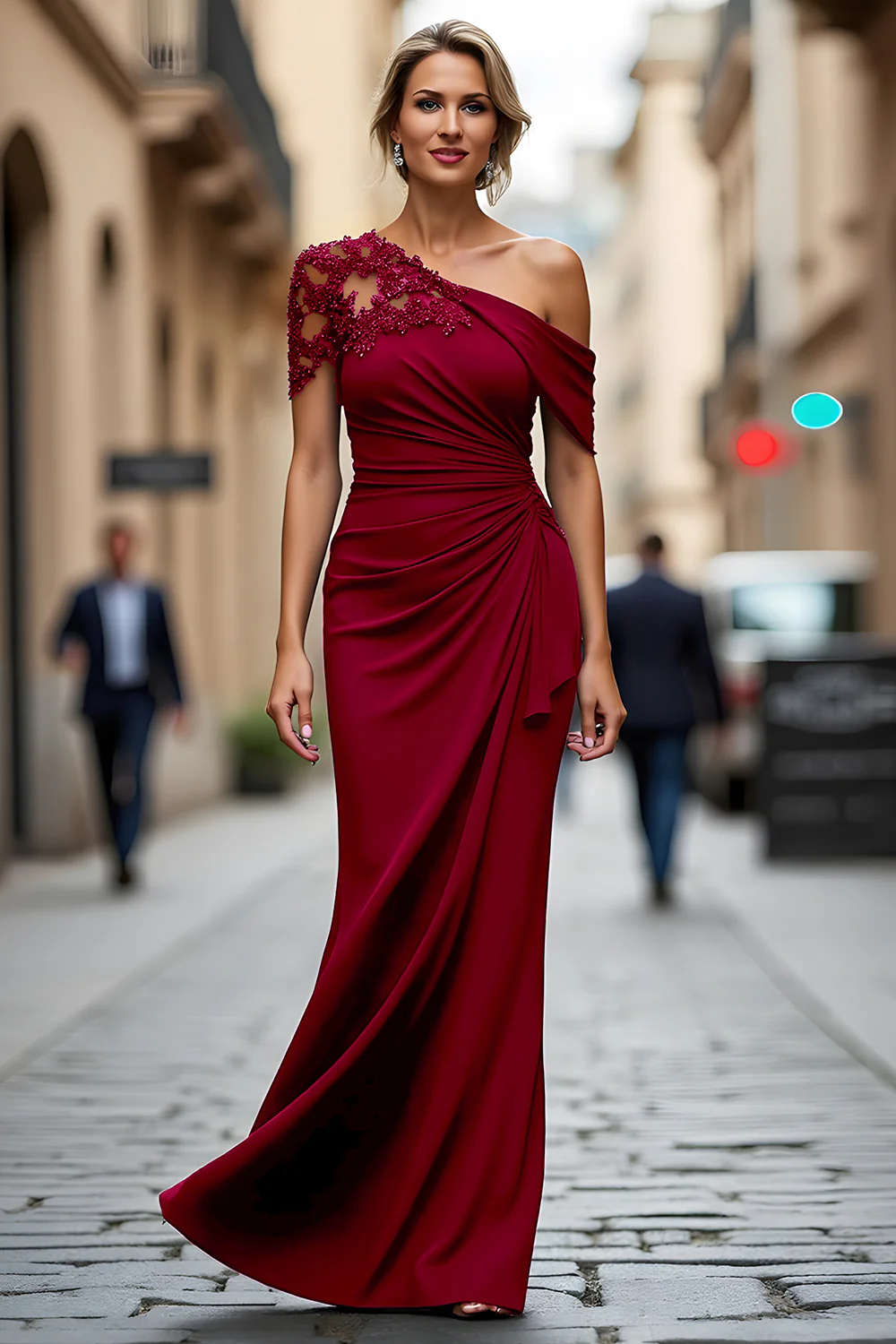 Black One Shoulder Sheath Long Mother of the Bride Dress with Appliques - VNBITS