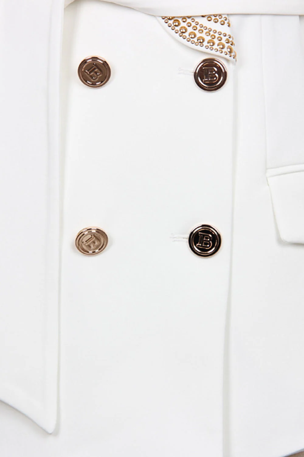 White Shawl Lapel Double Breasted Slim Fit Women Blazer with Beading - VNBITS