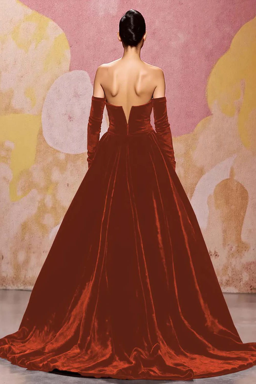 Dark Red Velvet A Line Long Off the Shoulder Evening Dress - VNBITS