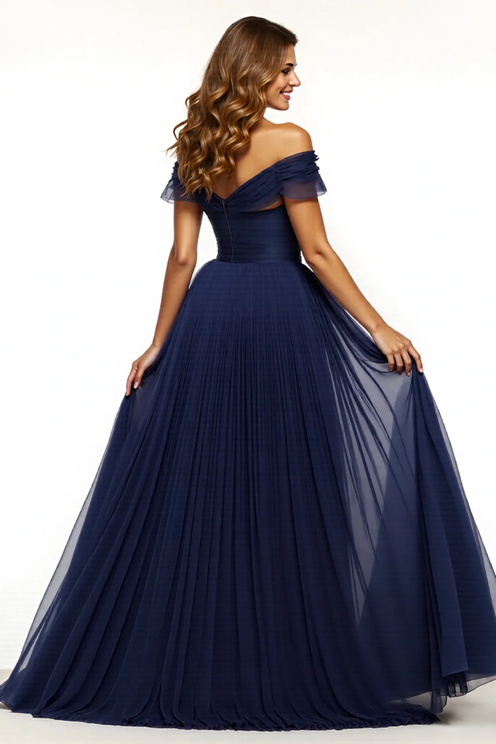 Navy A Line Off the Shoulder Long Prom Dress with Slit - VNBITS