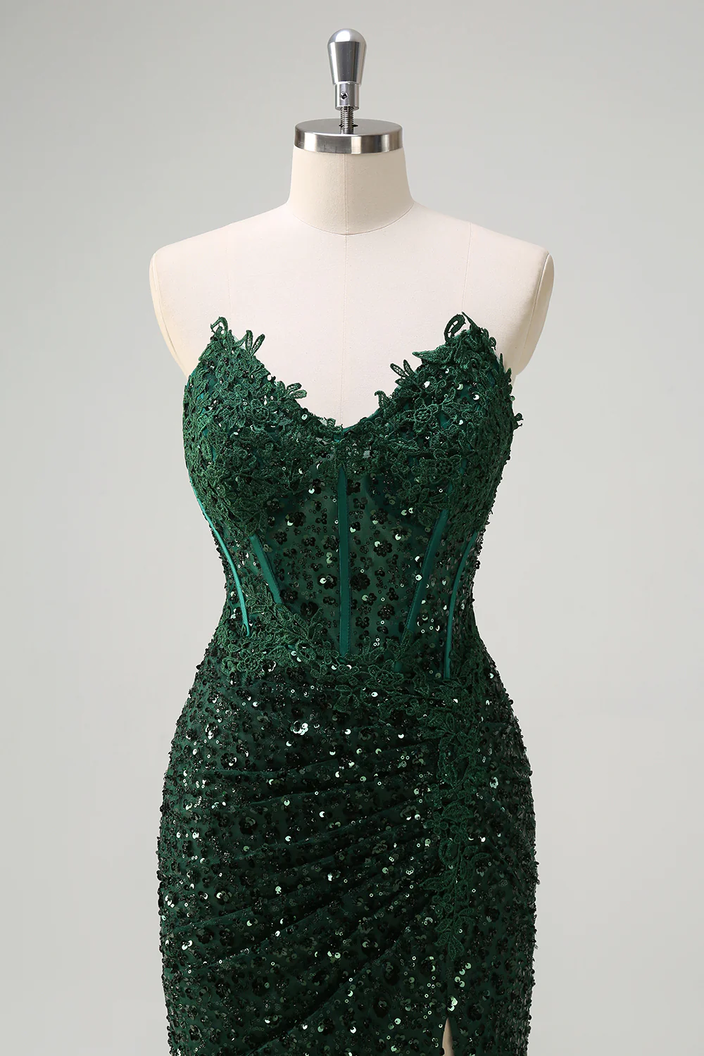 Dark Green Floral Sequined Mermaid Strapless Long Prom Dress with Slit - VNBITS