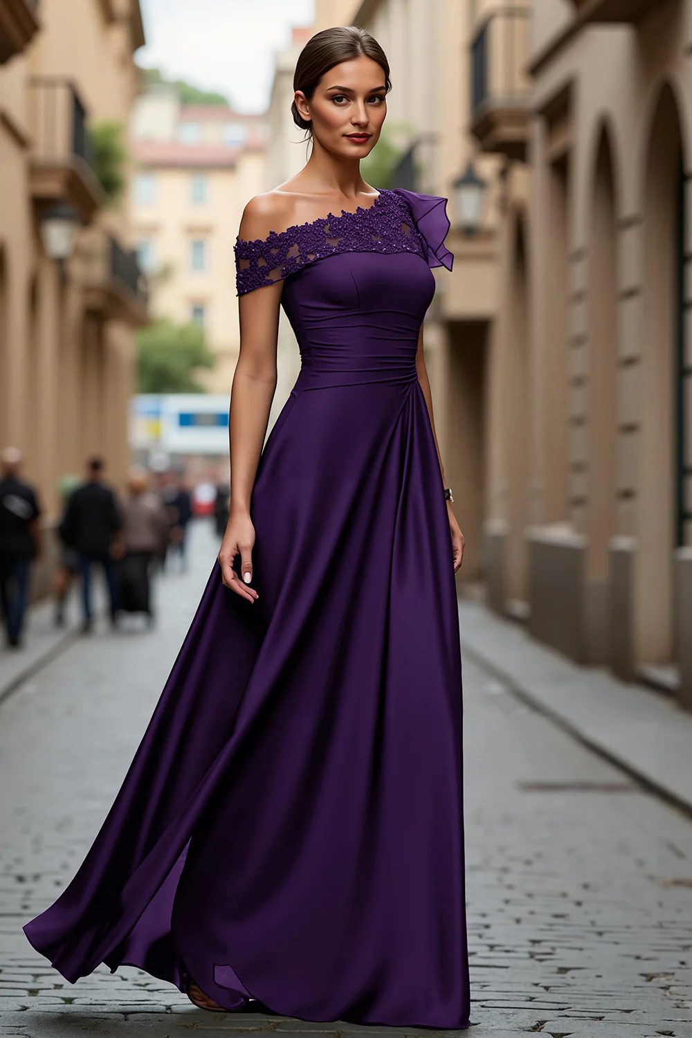 Black Chiffon Ruffled One Shoulder Long Mother of the Bride Dress with Lace - VNBITS