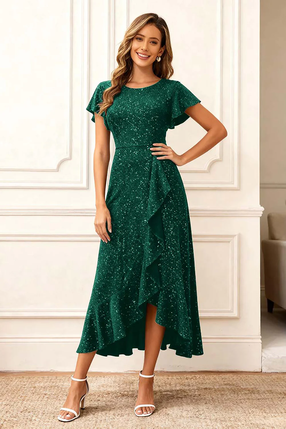 Black Round Neck Midi Glitter Holiday Party Dress with Sleeves - VNBITS