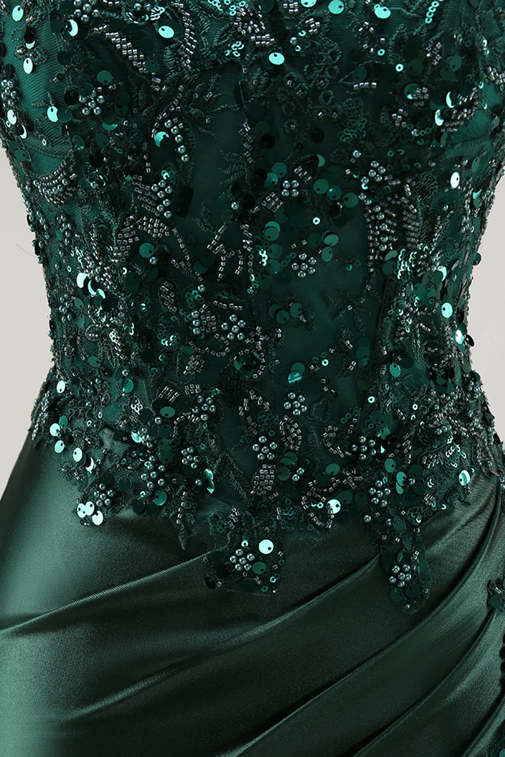Sparkly Dark Green Corset Satin Mermaid Long Prom Dress with Slit - VNBITS